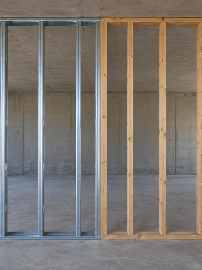 Steel framing and timber framing standing side by side in the same wall run