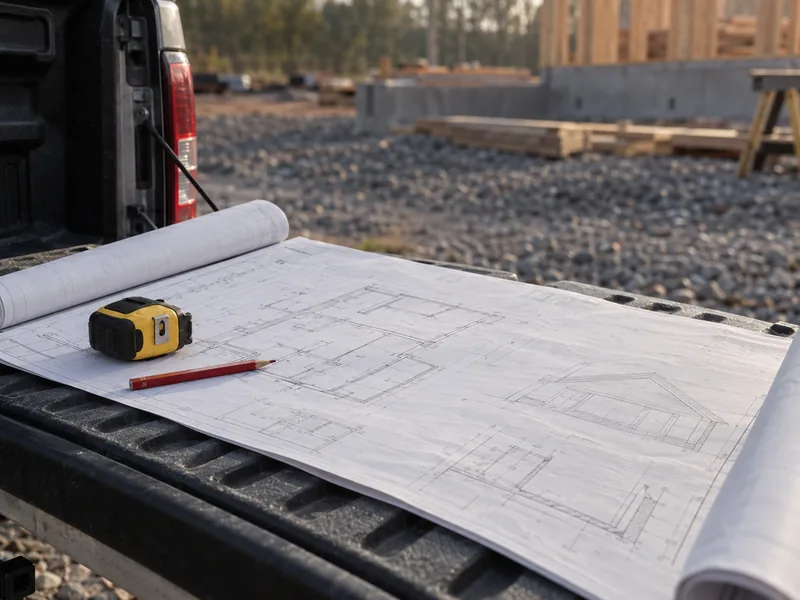 Drawings rolled open on a pickup tailgate with a tape measure and pencil holding them flat