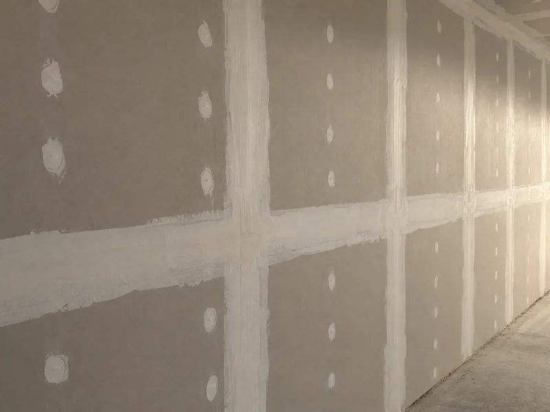 A wall with its joints taped and every screw head spotted with compound