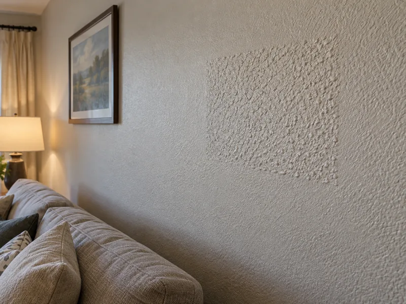 A patch textured too coarsely standing out against the finer wall around it