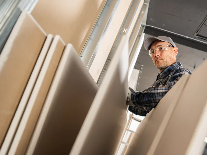 A worker looking over the stacked panels delivered to a site