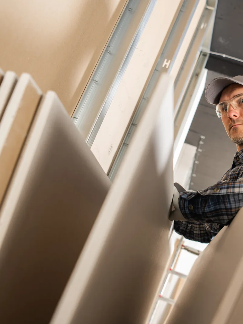 A worker looking over the stacked panels delivered to a site