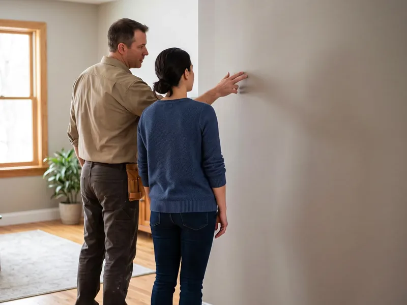 A contractor and a homeowner standing at a wall together, the homeowner pointing at a spot on it