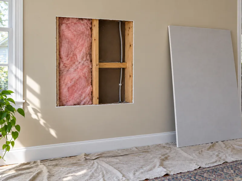 A square opening cut back to the studs with a replacement sheet standing beside it