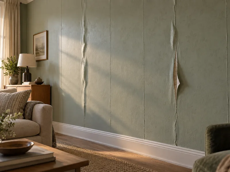 Painted-over wallpaper lifting into long blisters along its seams