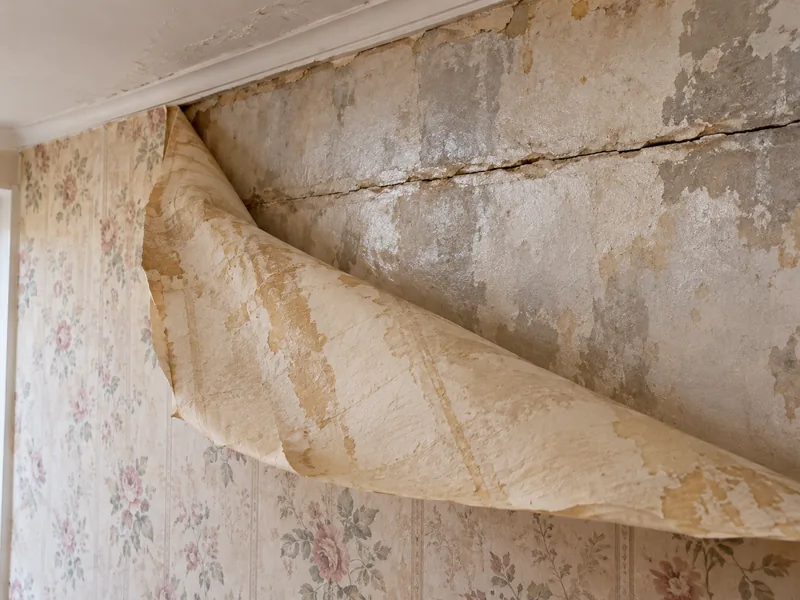 Wallpaper peeled back from a corner to reveal a crack running underneath