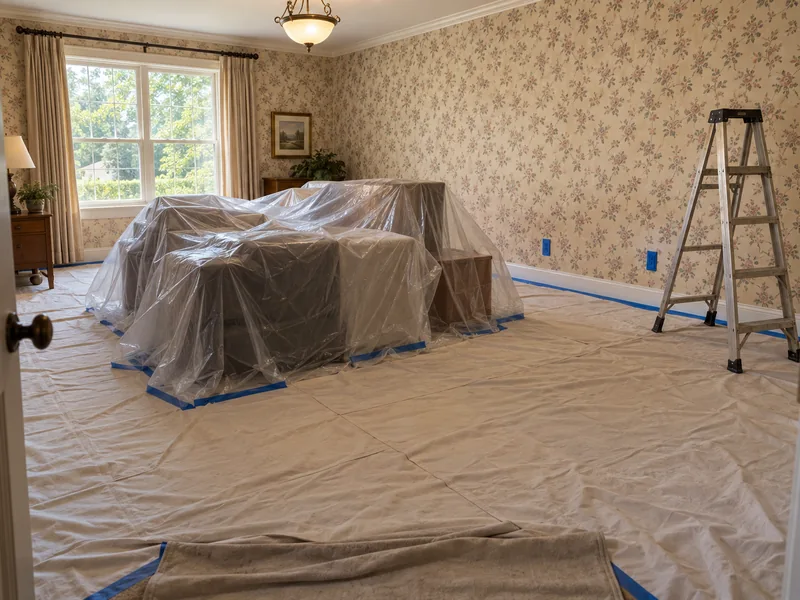 A papered room with the furniture sheeted and a ladder set up before stripping