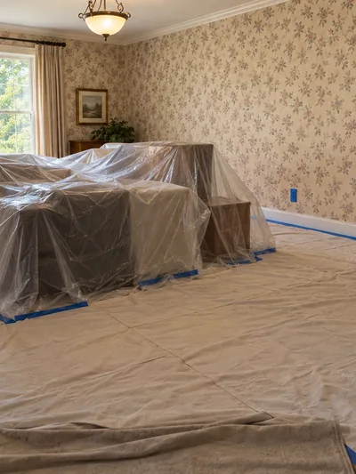 A papered room with the furniture sheeted and a ladder set up before stripping
