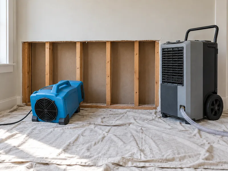 An air mover and a dehumidifier running in front of an opened wall