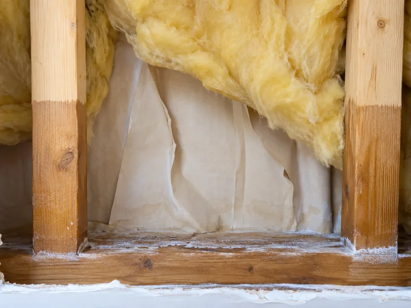 An opened cavity showing a tideline and buckled paper against the framing