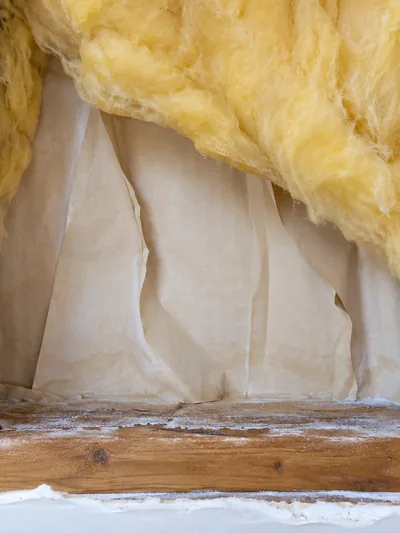 An opened cavity showing a tideline and buckled paper against the framing
