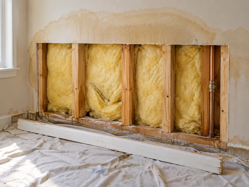 A long run of wall cut back to clean studs with the insulation left in place