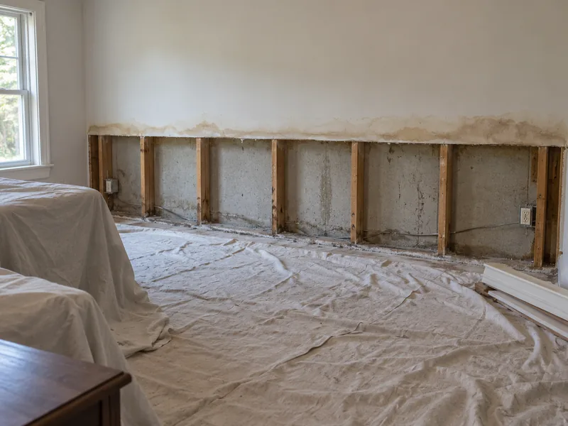 A bedroom with the lower half of one long wall opened right along its length