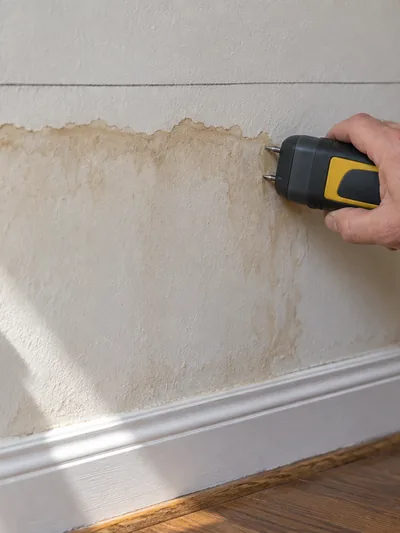 A moisture meter held against a stained wall beside a pencil line marking the damp