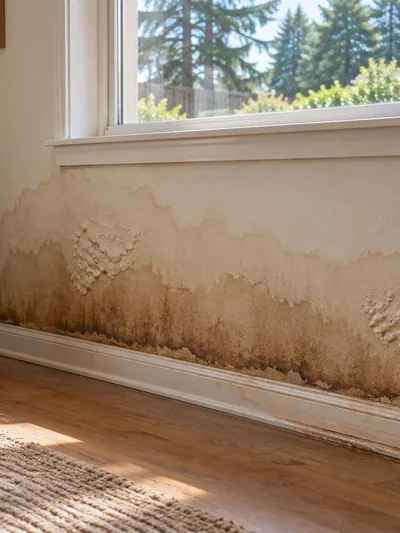 A brown tidemark across a wall with the paint blistered above the skirting