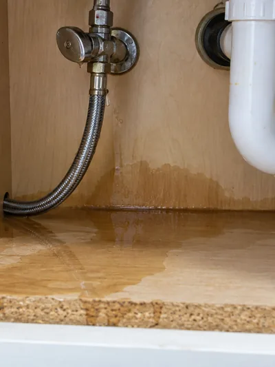 A weeping supply line and trap in the base of a cabinet