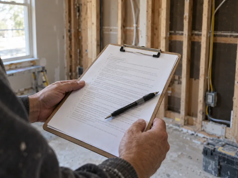 A contractor holding a clipboard of typed scope pages in front of a wall opened to its studs